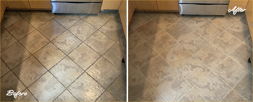 Kitchen Floor Before and After a Grout Sealing in Sarasota