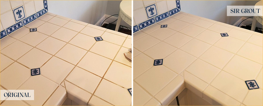 Tile Counter and Backsplah Before and After a Grout Cleaning in Palmetto