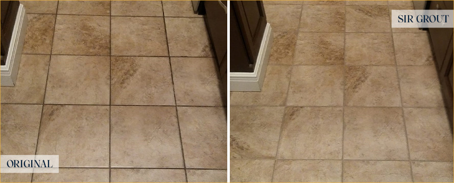 Tile Floor Before and After a Grout Recoloring in North Port