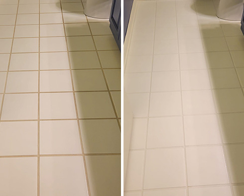 Bathroom Floor Before and After a Grout Recoloring in Palmetto