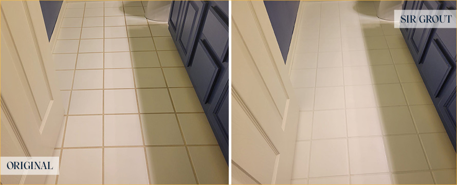 Bathroom Floor Before and After a Grout Recoloring in Palmetto