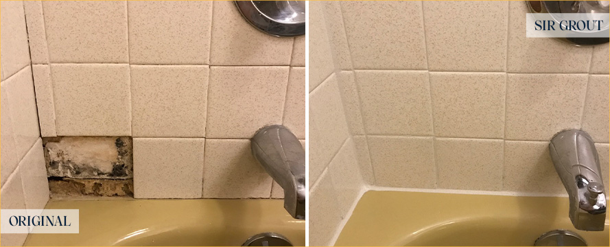 Close-up of Shower Seam Before and After Our Caulking Services in Palmetto