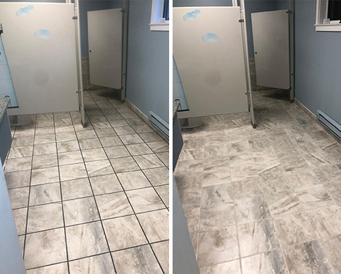 Men's Restroom Floor Before and After a Grout Cleaning in Palmetto