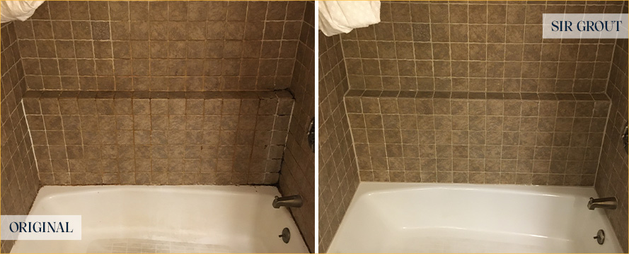 Shower Wall and Bathtub Before and After a Grout Cleaning in Palmetto